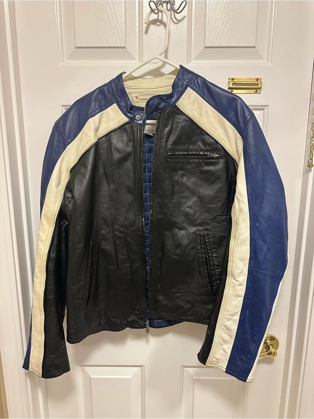 Wilsons Leather Black, Blue & White Men's Racing Leather Jacket